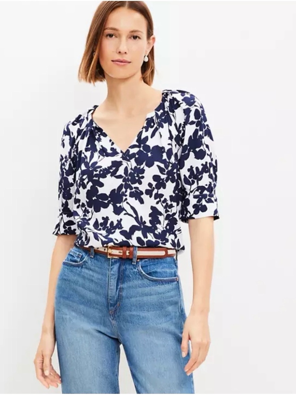 LOFT White Blouse with Navy Floral V-Neck Puff Sleeves